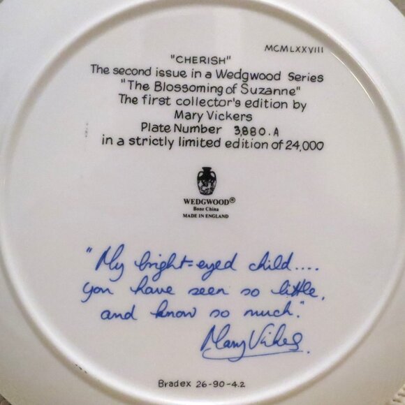 Wedgwood "Cherish" Collector Plate by Mary Vickers 1978 Limited Ed. 3880/24000 - Picture 4 of 6